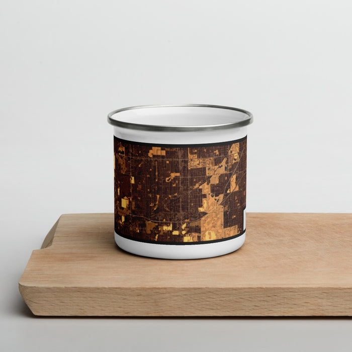 Front View Custom Tinley Park Illinois Map Enamel Mug in Ember on Cutting Board