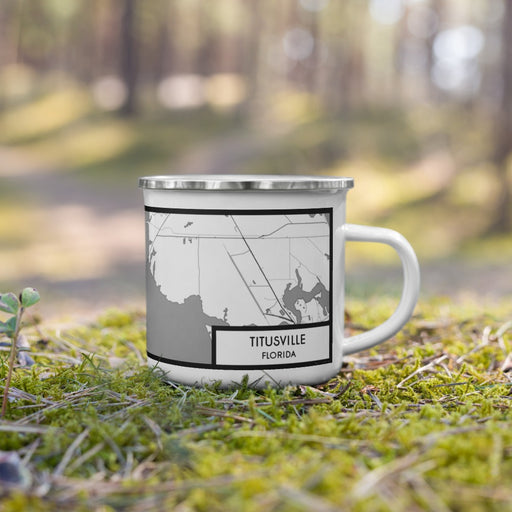 Right View Custom Titusville Florida Map Enamel Mug in Classic on Grass With Trees in Background