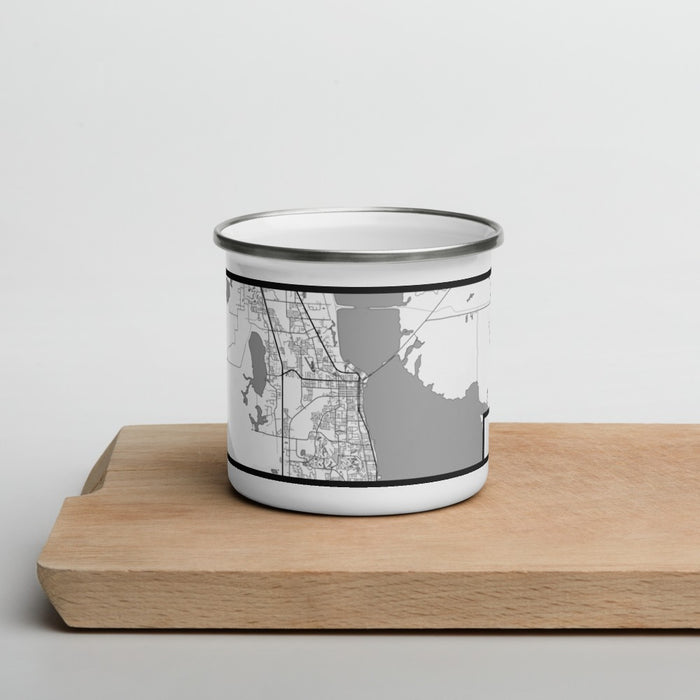 Front View Custom Titusville Florida Map Enamel Mug in Classic on Cutting Board
