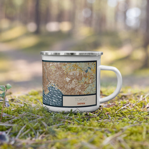 Right View Custom Tokyo Japan Map Enamel Mug in Woodblock on Grass With Trees in Background