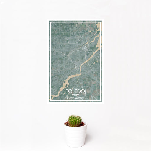12x18 Toledo Ohio Map Print Portrait Orientation in Afternoon Style With Small Cactus Plant in White Planter