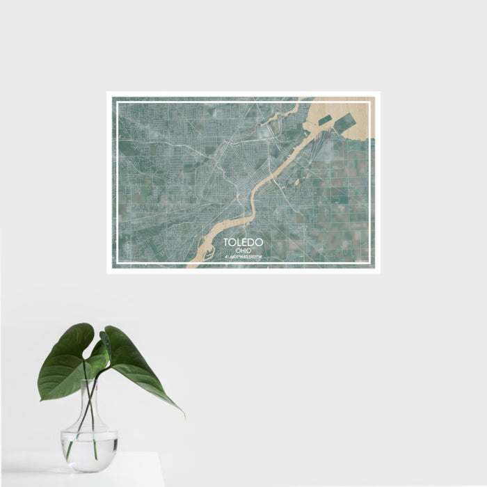 16x24 Toledo Ohio Map Print Landscape Orientation in Afternoon Style With Tropical Plant Leaves in Water