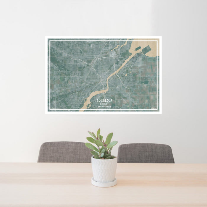 24x36 Toledo Ohio Map Print Lanscape Orientation in Afternoon Style Behind 2 Chairs Table and Potted Plant