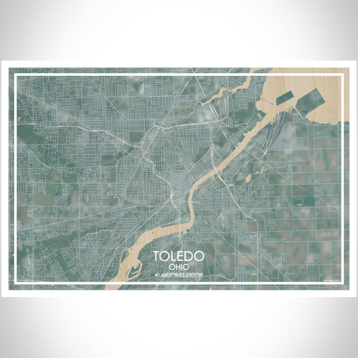Toledo Ohio Map Print Landscape Orientation in Afternoon Style With Shaded Background