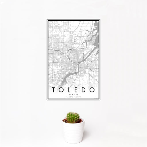 12x18 Toledo Ohio Map Print Portrait Orientation in Classic Style With Small Cactus Plant in White Planter