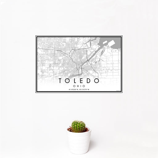 12x18 Toledo Ohio Map Print Landscape Orientation in Classic Style With Small Cactus Plant in White Planter