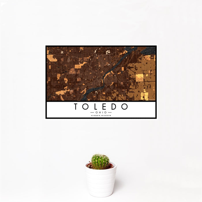 12x18 Toledo Ohio Map Print Landscape Orientation in Ember Style With Small Cactus Plant in White Planter