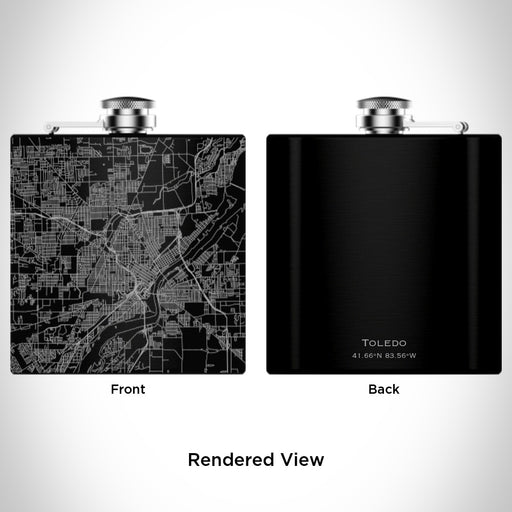 Rendered View of Toledo Ohio Map Engraving on 6oz Stainless Steel Flask in Black