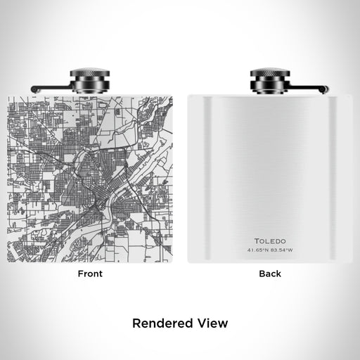 Rendered View of Toledo Ohio Map Engraving on 6oz Stainless Steel Flask in White