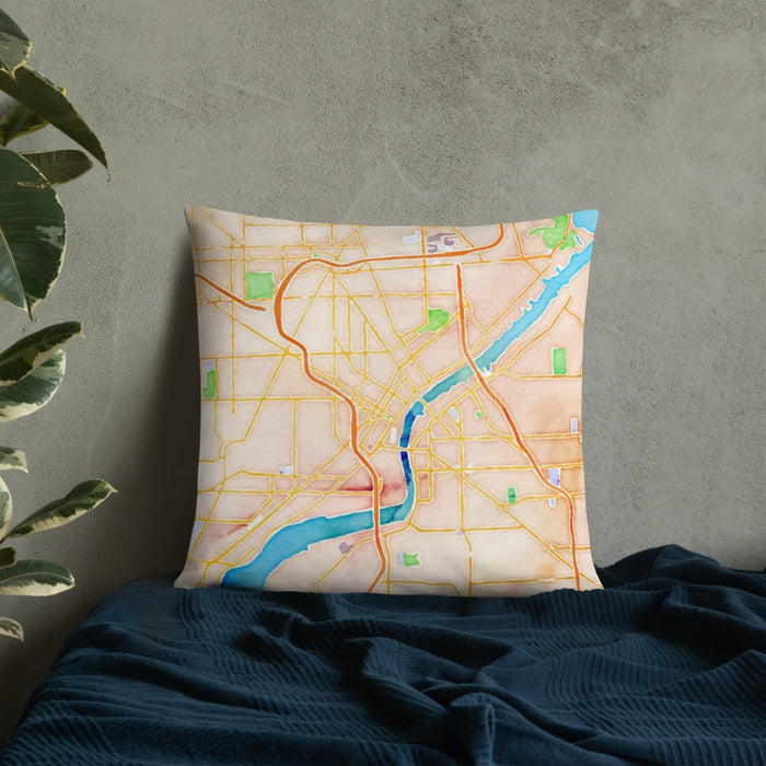 Custom Toledo Ohio Map Throw Pillow in Watercolor on Bedding Against Wall
