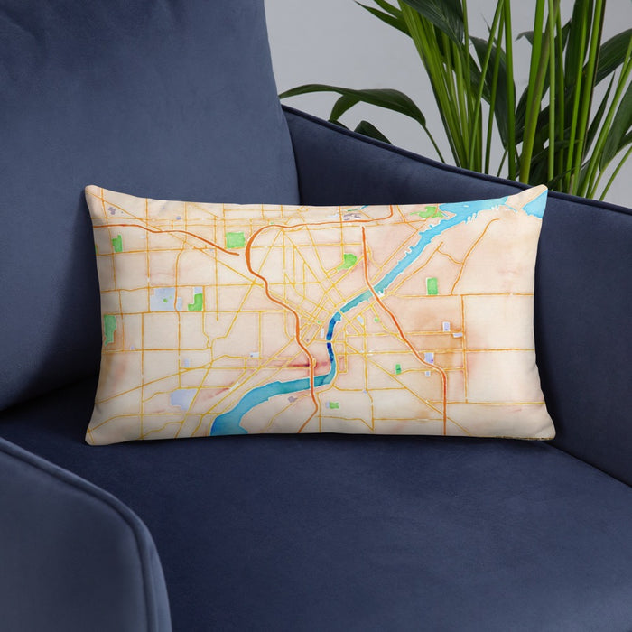Custom Toledo Ohio Map Throw Pillow in Watercolor on Blue Colored Chair