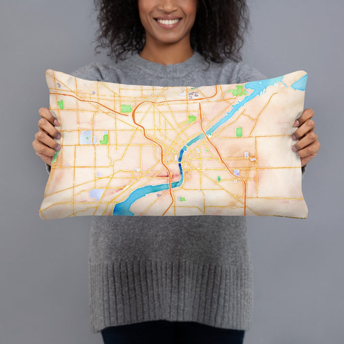 Person holding 20x12 Custom Toledo Ohio Map Throw Pillow in Watercolor
