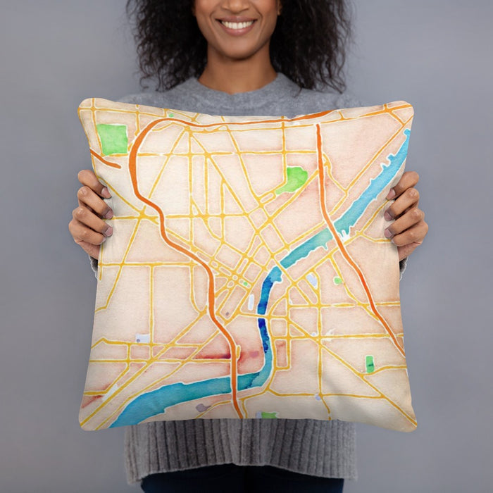 Person holding 18x18 Custom Toledo Ohio Map Throw Pillow in Watercolor
