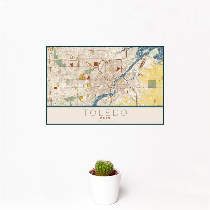 12x18 Toledo Ohio Map Print Landscape Orientation in Woodblock Style With Small Cactus Plant in White Planter