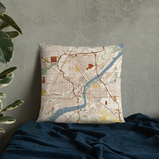 Custom Toledo Ohio Map Throw Pillow in Woodblock on Bedding Against Wall