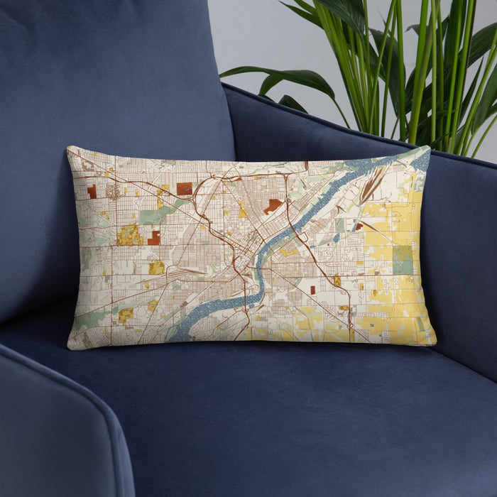 Custom Toledo Ohio Map Throw Pillow in Woodblock on Blue Colored Chair