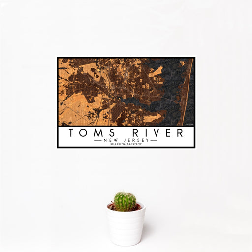 12x18 Toms River New Jersey Map Print Landscape Orientation in Ember Style With Small Cactus Plant in White Planter