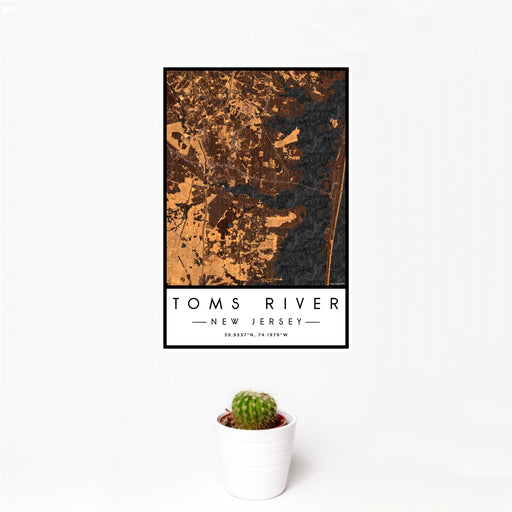 12x18 Toms River New Jersey Map Print Portrait Orientation in Ember Style With Small Cactus Plant in White Planter