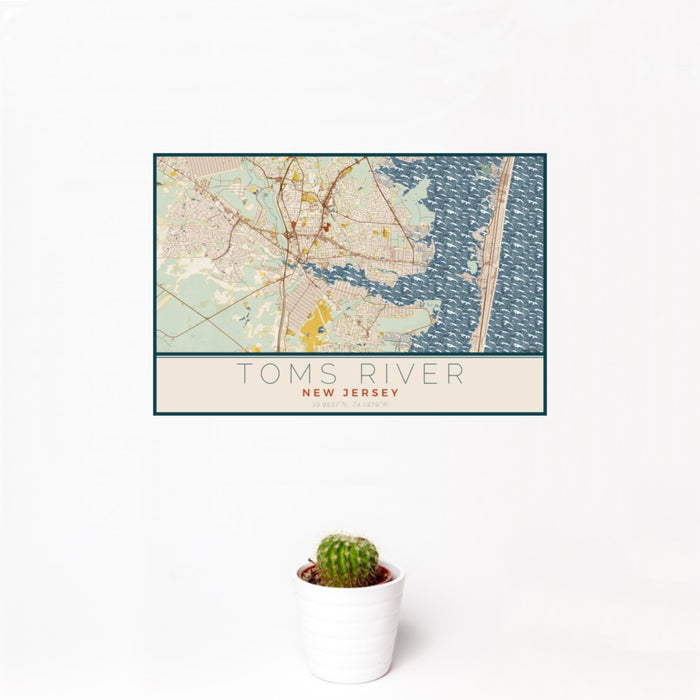 12x18 Toms River New Jersey Map Print Landscape Orientation in Woodblock Style With Small Cactus Plant in White Planter