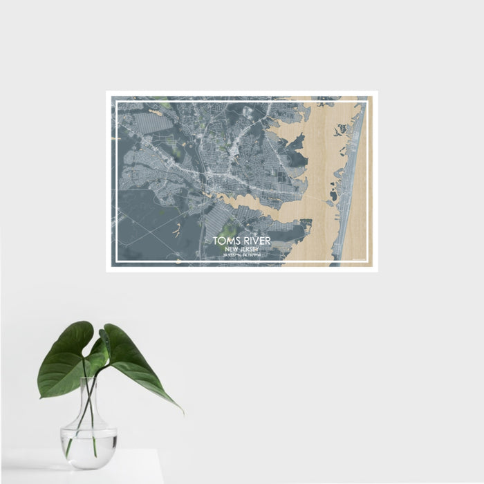 16x24 Toms River New Jersey Map Print Landscape Orientation in Afternoon Style With Tropical Plant Leaves in Water