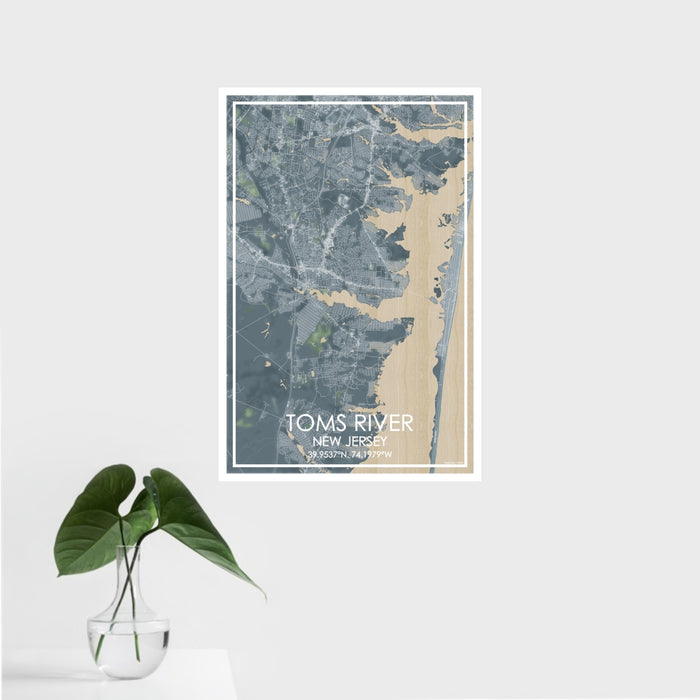 16x24 Toms River New Jersey Map Print Portrait Orientation in Afternoon Style With Tropical Plant Leaves in Water
