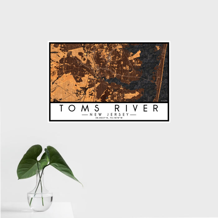 16x24 Toms River New Jersey Map Print Landscape Orientation in Ember Style With Tropical Plant Leaves in Water