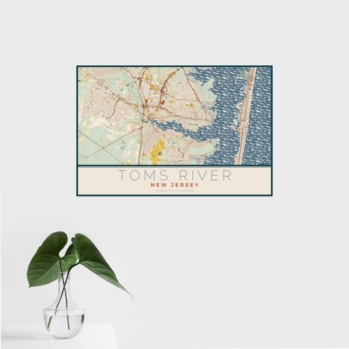 16x24 Toms River New Jersey Map Print Landscape Orientation in Woodblock Style With Tropical Plant Leaves in Water