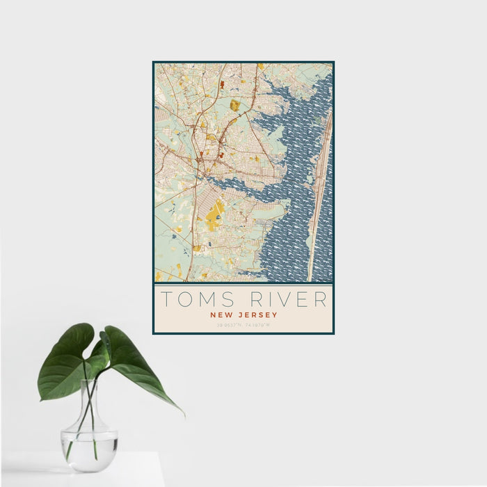16x24 Toms River New Jersey Map Print Portrait Orientation in Woodblock Style With Tropical Plant Leaves in Water