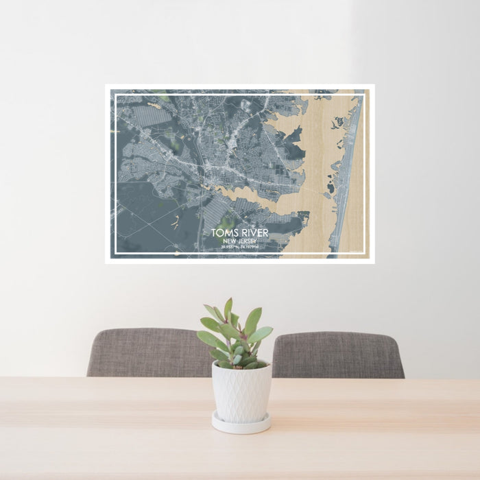 24x36 Toms River New Jersey Map Print Lanscape Orientation in Afternoon Style Behind 2 Chairs Table and Potted Plant