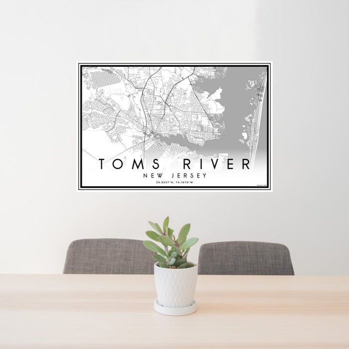 24x36 Toms River New Jersey Map Print Lanscape Orientation in Classic Style Behind 2 Chairs Table and Potted Plant
