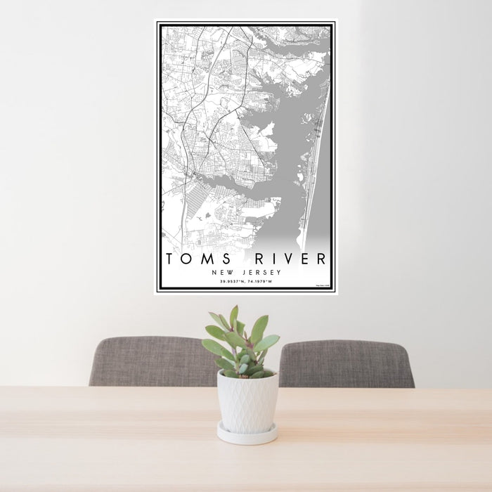 24x36 Toms River New Jersey Map Print Portrait Orientation in Classic Style Behind 2 Chairs Table and Potted Plant