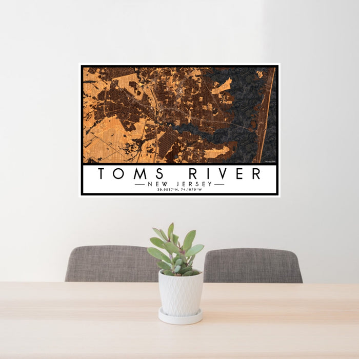 24x36 Toms River New Jersey Map Print Lanscape Orientation in Ember Style Behind 2 Chairs Table and Potted Plant
