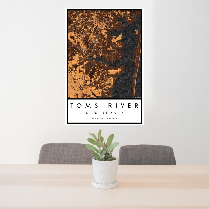 24x36 Toms River New Jersey Map Print Portrait Orientation in Ember Style Behind 2 Chairs Table and Potted Plant