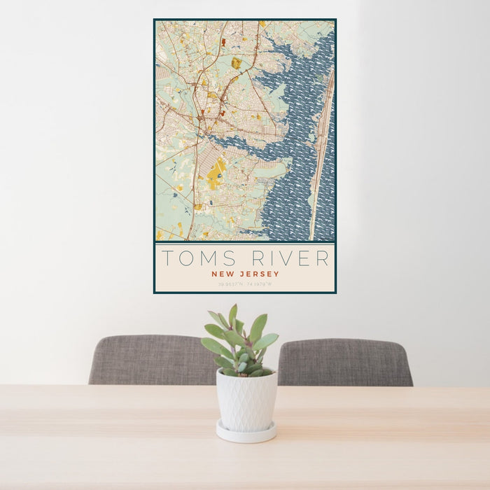 24x36 Toms River New Jersey Map Print Portrait Orientation in Woodblock Style Behind 2 Chairs Table and Potted Plant