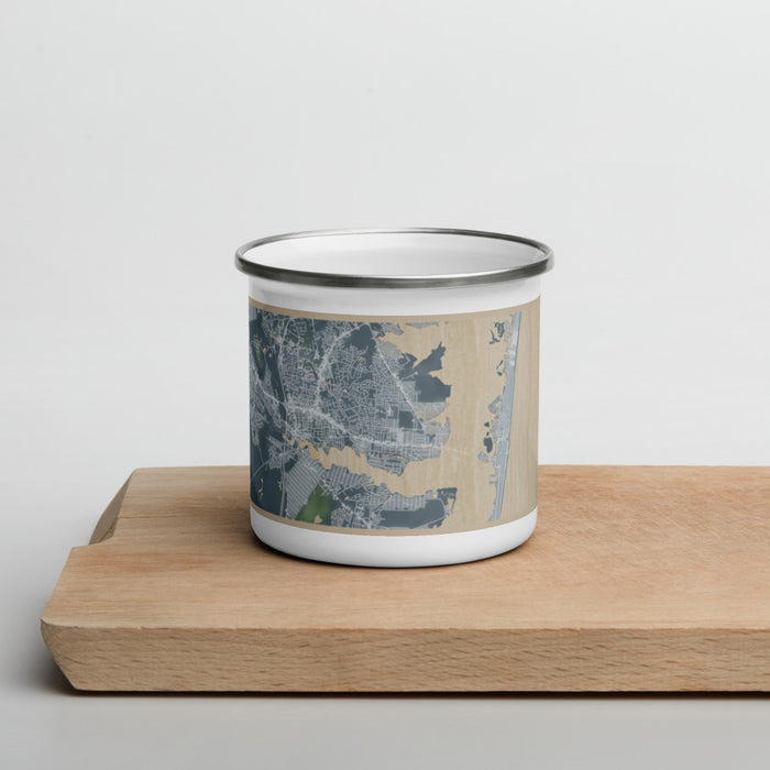 Front View Custom Toms River New Jersey Map Enamel Mug in Afternoon on Cutting Board