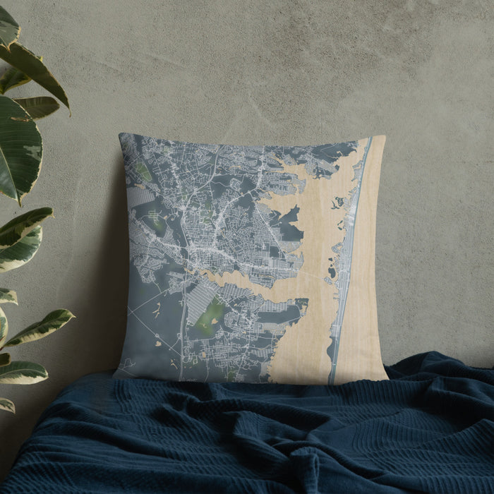 Custom Toms River New Jersey Map Throw Pillow in Afternoon on Bedding Against Wall