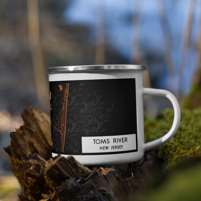 Right View Custom Toms River New Jersey Map Enamel Mug in Ember on Grass With Trees in Background
