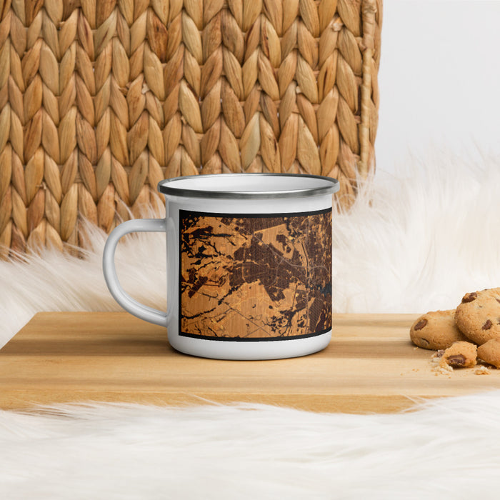 Left View Custom Toms River New Jersey Map Enamel Mug in Ember on Table Top