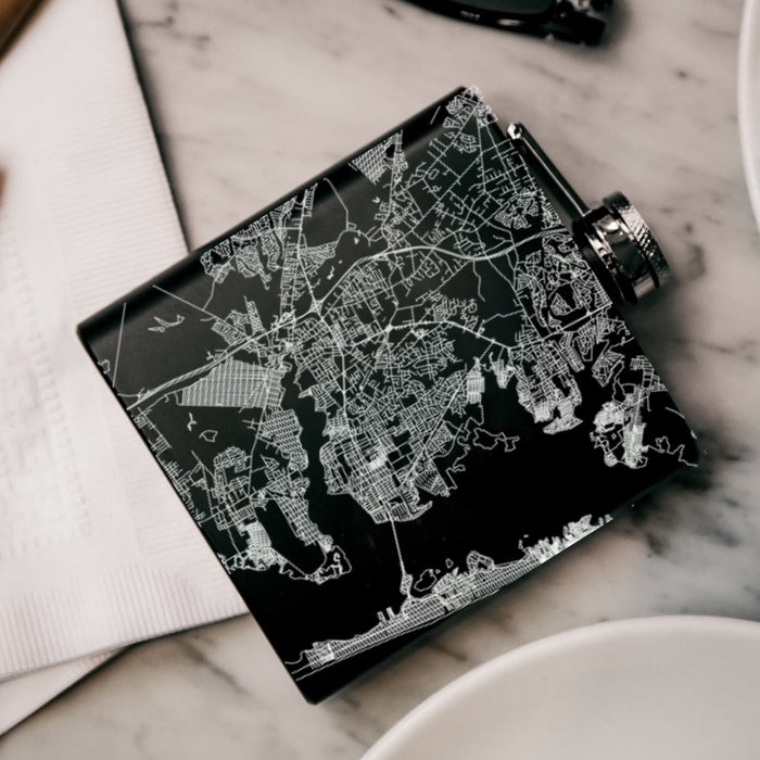 Toms River New Jersey Custom Engraved City Map Inscription Coordinates on 6oz Stainless Steel Flask in Black