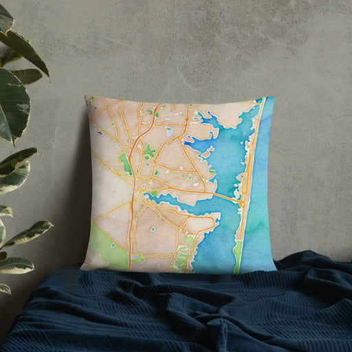 Custom Toms River New Jersey Map Throw Pillow in Watercolor on Bedding Against Wall