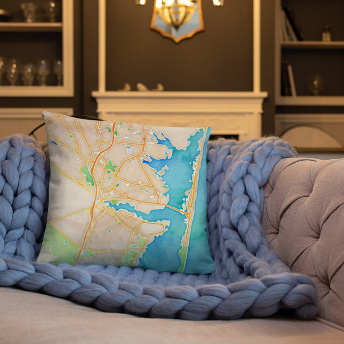 Custom Toms River New Jersey Map Throw Pillow in Watercolor on Cream Colored Couch