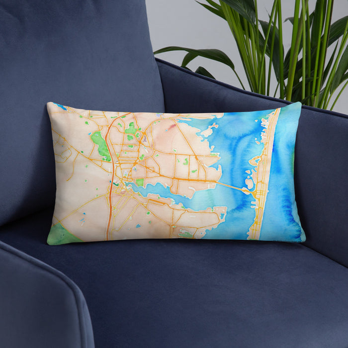 Custom Toms River New Jersey Map Throw Pillow in Watercolor on Blue Colored Chair
