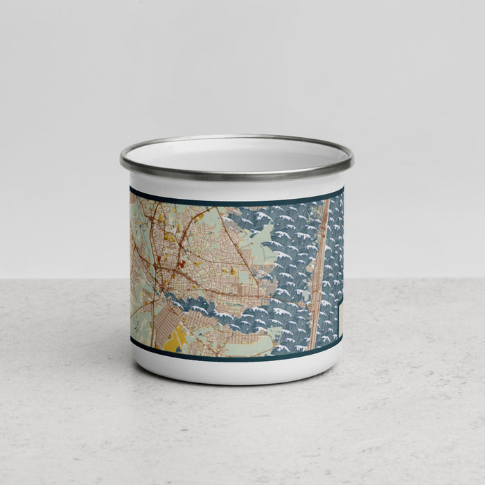 Front View Custom Toms River New Jersey Map Enamel Mug in Woodblock