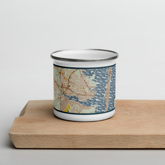 Front View Custom Toms River New Jersey Map Enamel Mug in Woodblock on Cutting Board
