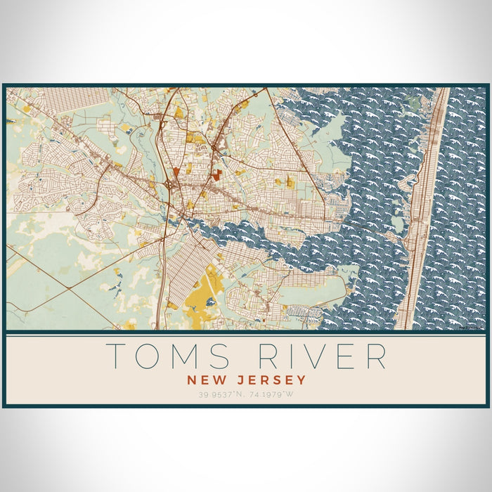 Toms River New Jersey Map Print Landscape Orientation in Woodblock Style With Shaded Background