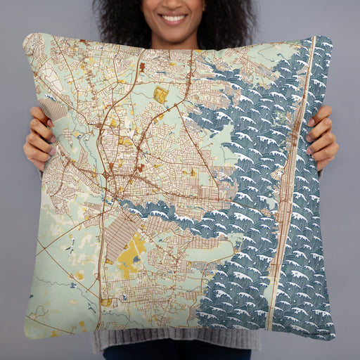 Person holding 22x22 Custom Toms River New Jersey Map Throw Pillow in Woodblock