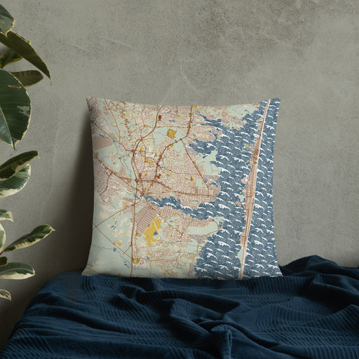 Custom Toms River New Jersey Map Throw Pillow in Woodblock on Bedding Against Wall