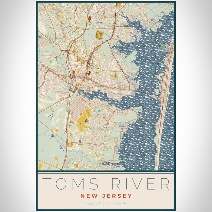 Toms River New Jersey Map Print Portrait Orientation in Woodblock Style With Shaded Background