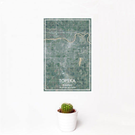 12x18 Topeka Kansas Map Print Portrait Orientation in Afternoon Style With Small Cactus Plant in White Planter