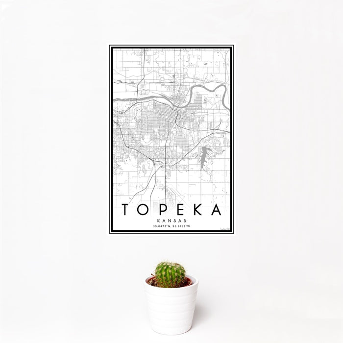 12x18 Topeka Kansas Map Print Portrait Orientation in Classic Style With Small Cactus Plant in White Planter